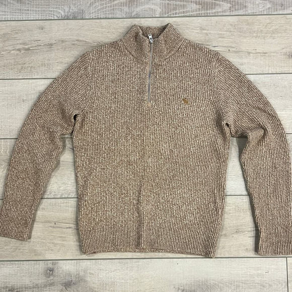 Abercrombie & Fitch Quarter Zip Sweater Beige Mens Small Mock Neck Knit Pullover - Picture 1 of 5